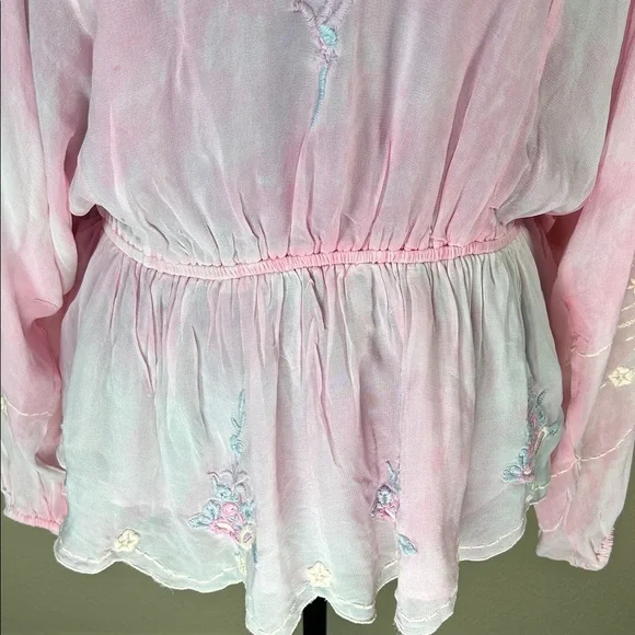 LoveShackFancy Pink Sheer Embroidered Blouse long Billowy Sleeves Size Large - Picture 8 of 10